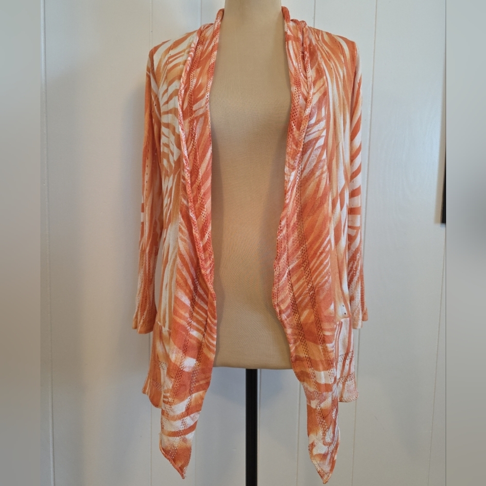 Alberto Makali Orange Ivory Print Rayon Silk Blend Open Front Cardigan Size M